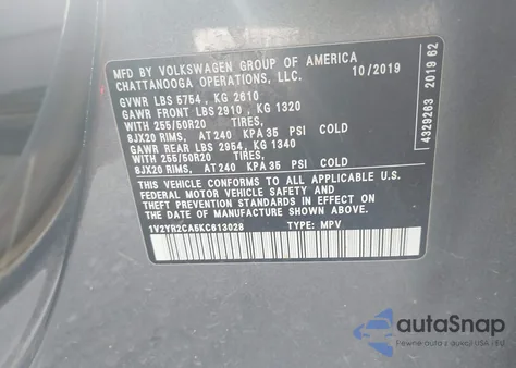 2019 Volkswagen Atlas 3.6L V6 Se W/Technology R-Line from USA, damaged, VIN 1V2YR2CA5KC613028